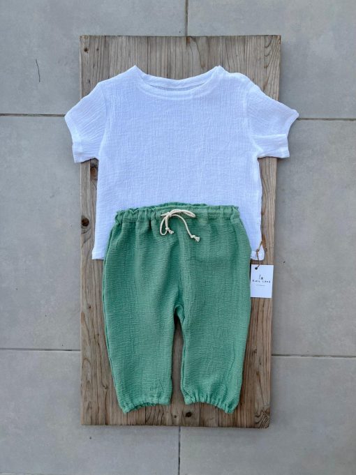 Set pentru copii din panza topita - Tricou si Bloomers -  Alb/ Verde Jad