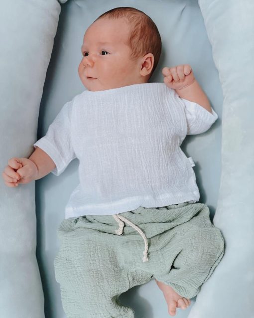 Set pentru copii din panza topita - Tricou si Bloomers -  Alb/ Verde Jad - imagine 3